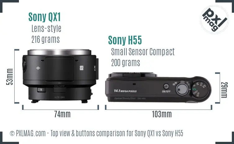 Sony QX1 vs Sony H55 top view buttons comparison