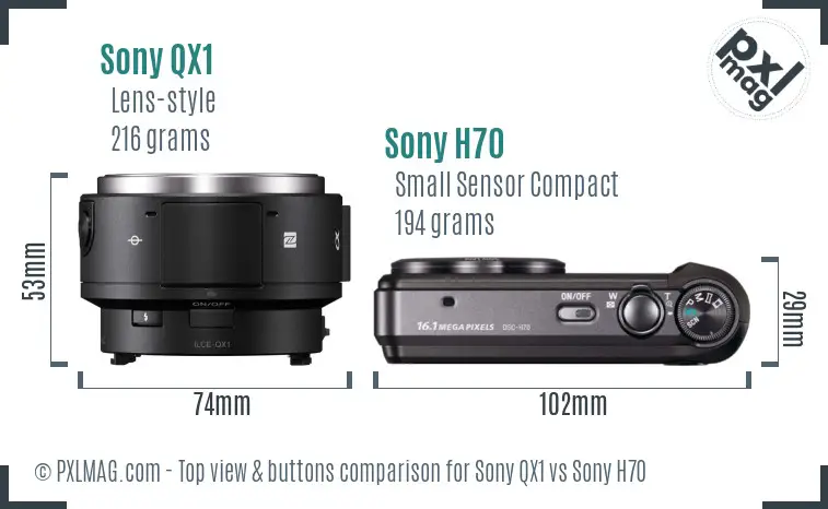 Sony QX1 vs Sony H70 top view buttons comparison