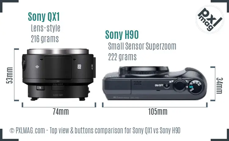 Sony QX1 vs Sony H90 top view buttons comparison