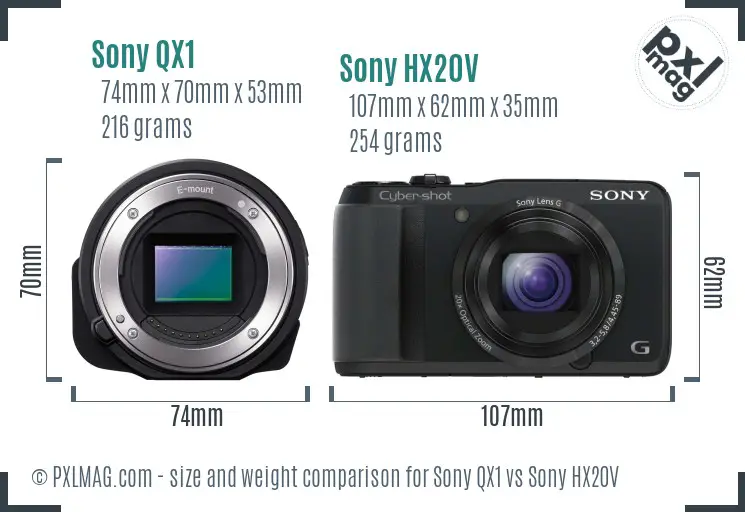 Sony QX1 vs Sony HX20V size comparison