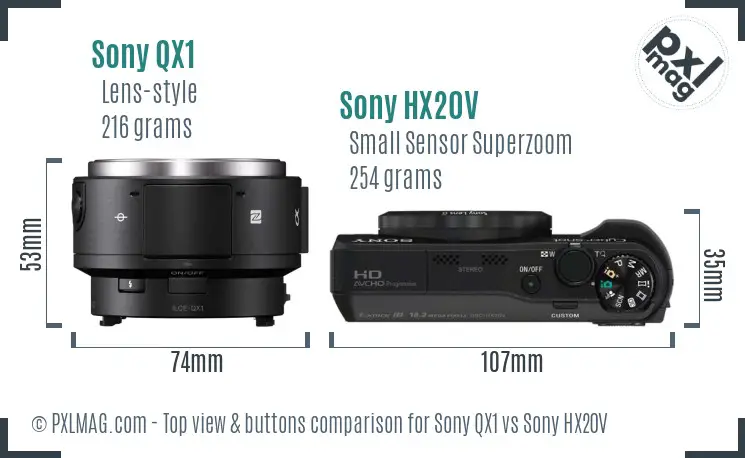 Sony QX1 vs Sony HX20V top view buttons comparison