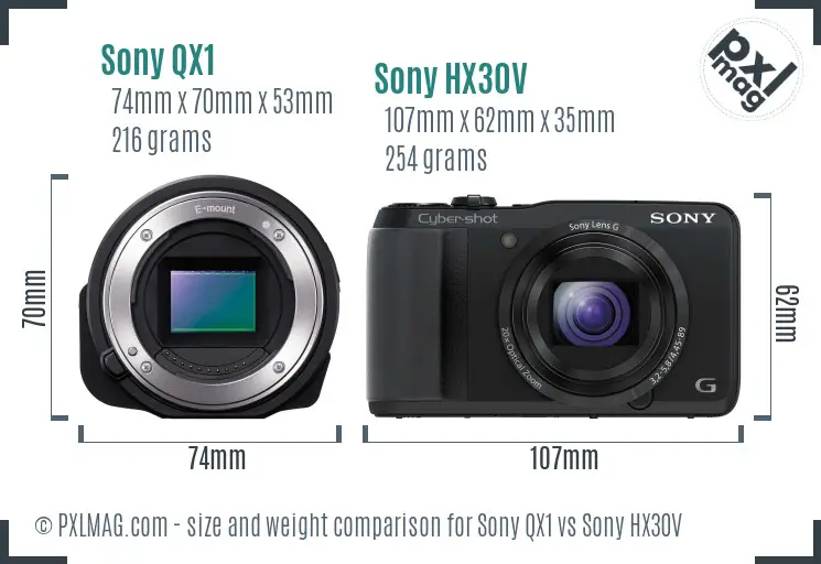 Sony QX1 vs Sony HX30V size comparison