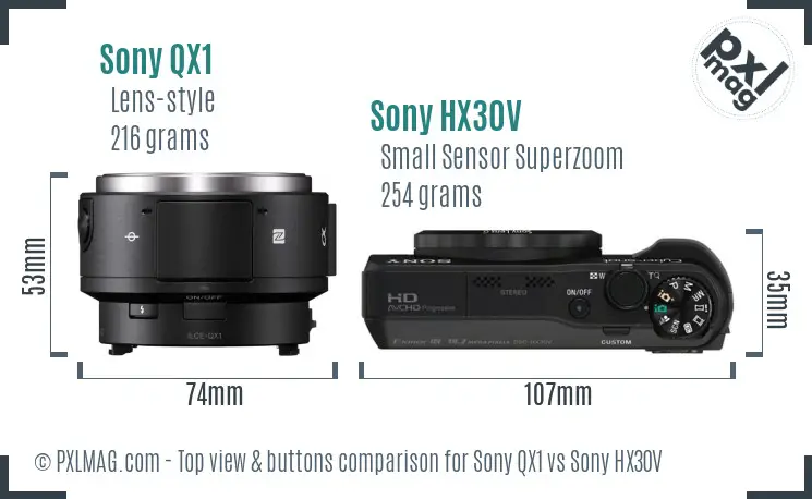 Sony QX1 vs Sony HX30V top view buttons comparison