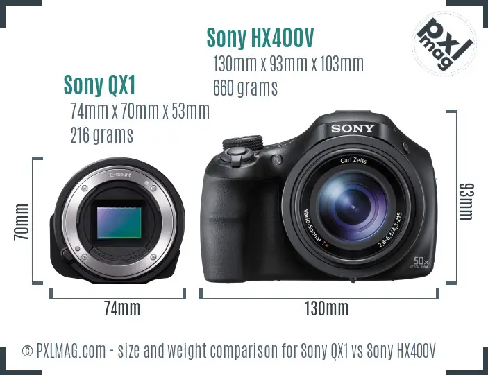 Sony QX1 vs Sony HX400V size comparison