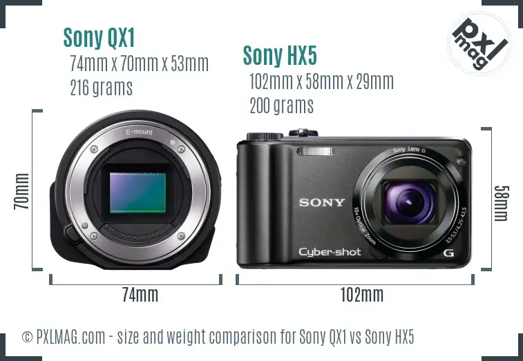 Sony QX1 vs Sony HX5 size comparison