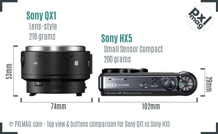 Sony QX1 vs Sony HX5 top view buttons comparison