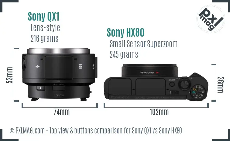 Sony QX1 vs Sony HX80 top view buttons comparison
