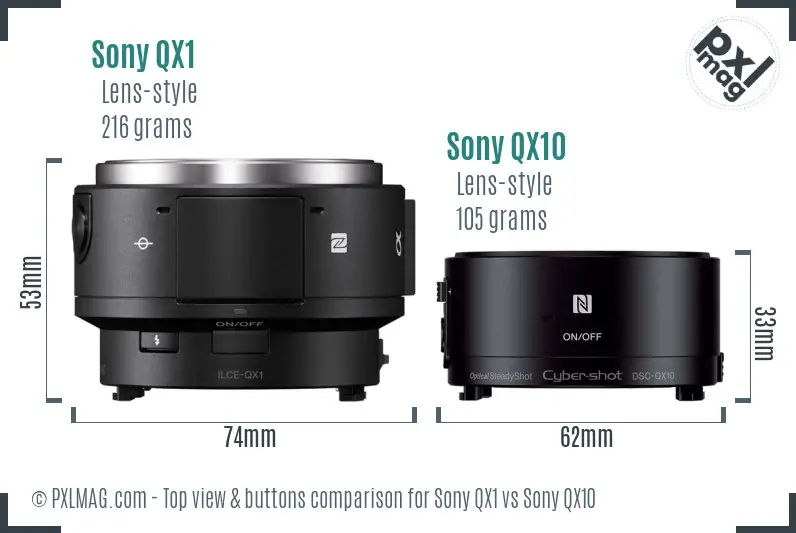 Sony QX1 vs Sony QX10 top view buttons comparison
