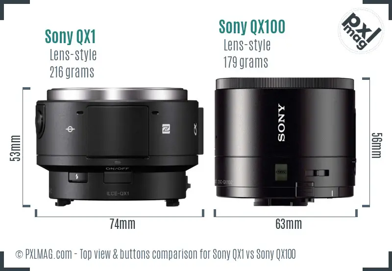 Sony QX1 vs Sony QX100 top view buttons comparison