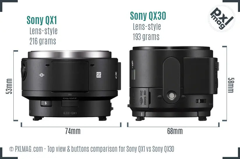 Sony QX1 vs Sony QX30 top view buttons comparison