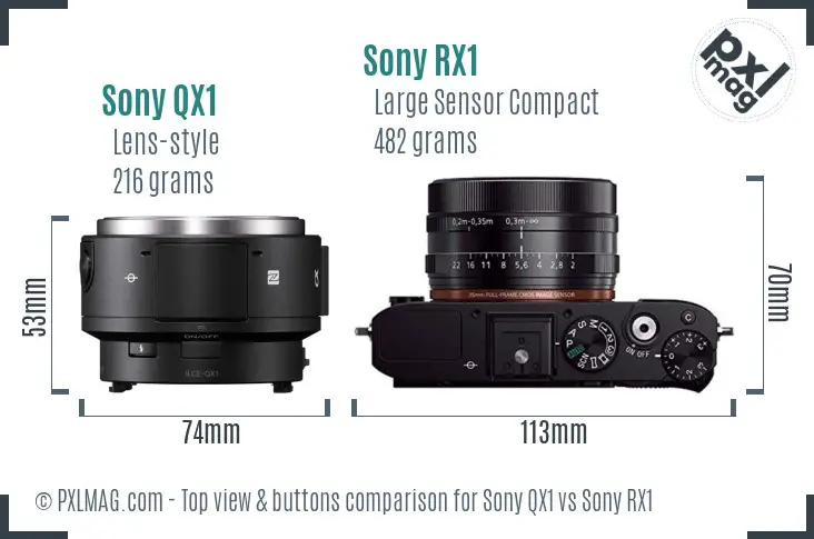 Sony QX1 vs Sony RX1 top view buttons comparison
