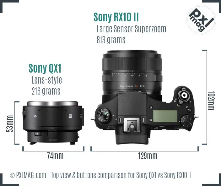 Sony QX1 vs Sony RX10 II top view buttons comparison