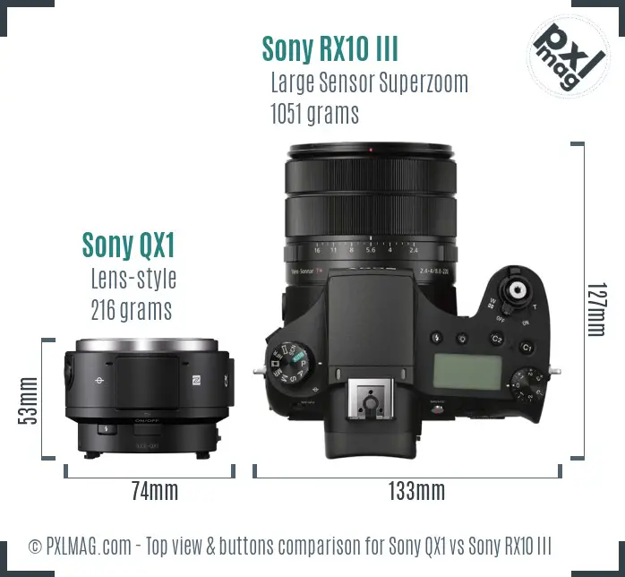 Sony QX1 vs Sony RX10 III top view buttons comparison