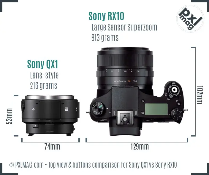 Sony QX1 vs Sony RX10 top view buttons comparison