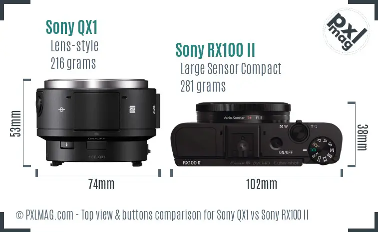 Sony QX1 vs Sony RX100 II top view buttons comparison