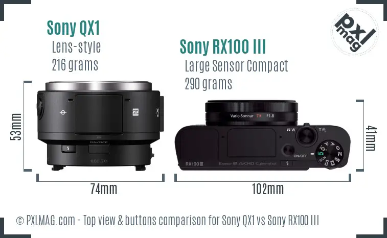 Sony QX1 vs Sony RX100 III top view buttons comparison