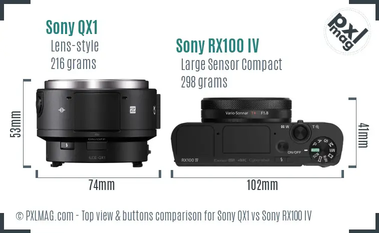 Sony QX1 vs Sony RX100 IV top view buttons comparison