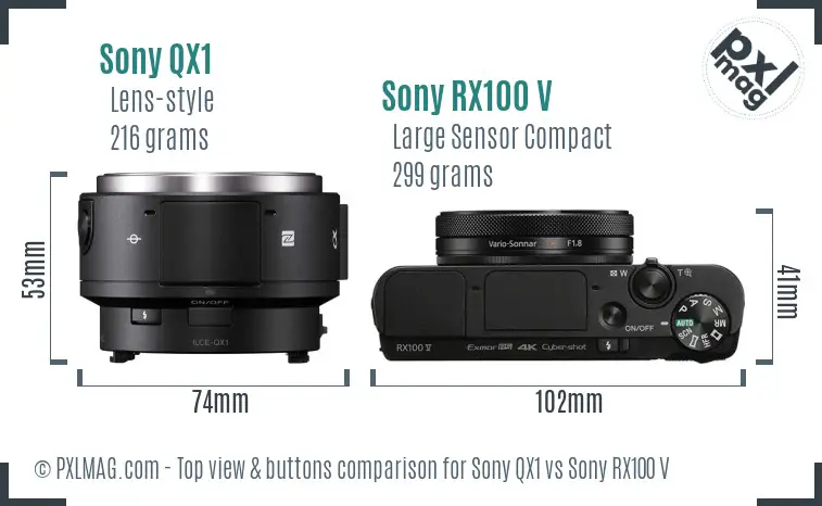 Sony QX1 vs Sony RX100 V top view buttons comparison