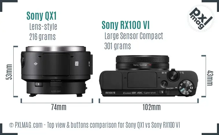 Sony QX1 vs Sony RX100 VI top view buttons comparison