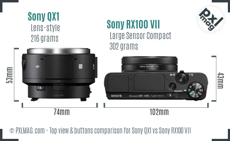 Sony QX1 vs Sony RX100 VII top view buttons comparison