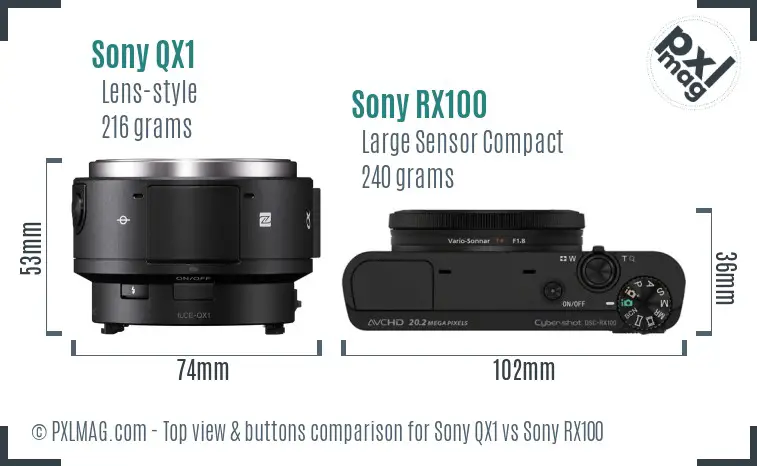 Sony QX1 vs Sony RX100 top view buttons comparison