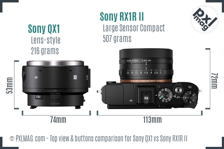 Sony QX1 vs Sony RX1R II top view buttons comparison