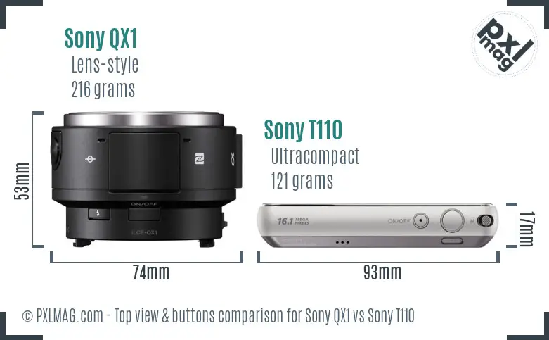 Sony QX1 vs Sony T110 top view buttons comparison