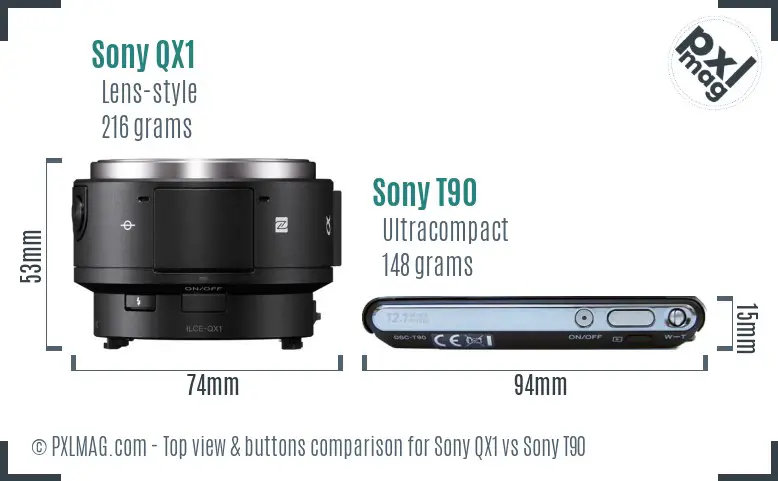 Sony QX1 vs Sony T90 top view buttons comparison