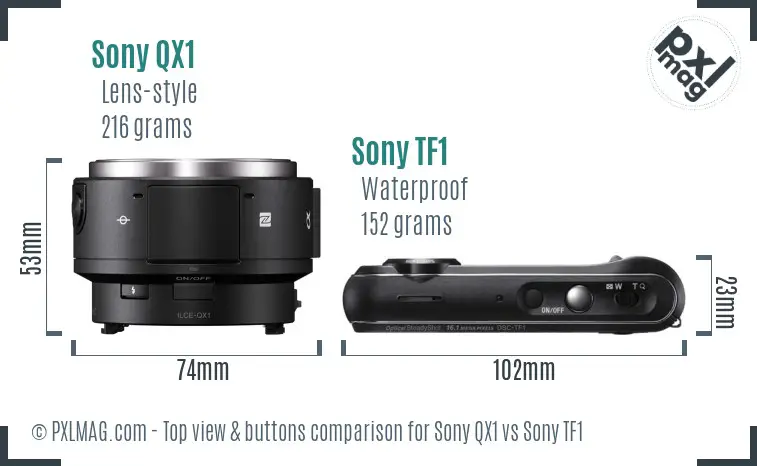 Sony QX1 vs Sony TF1 top view buttons comparison