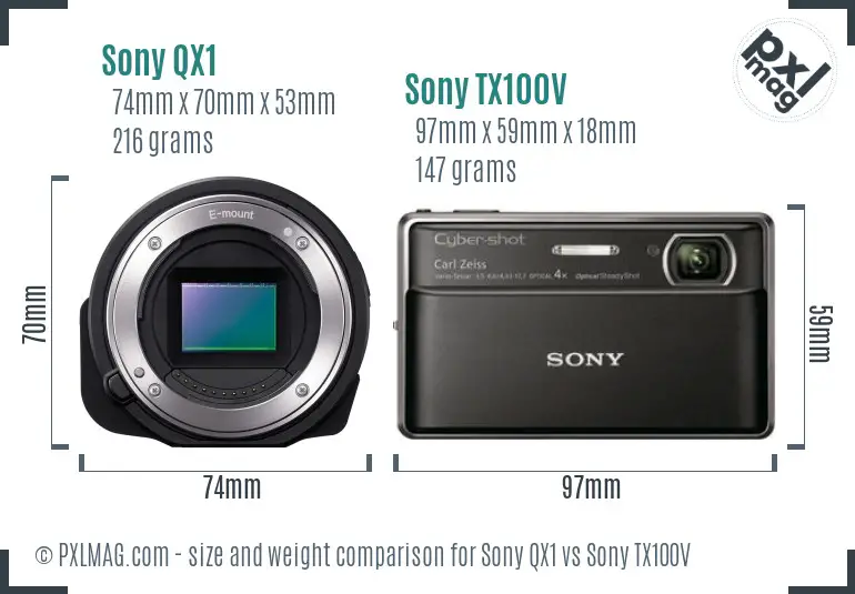 Sony QX1 vs Sony TX100V size comparison
