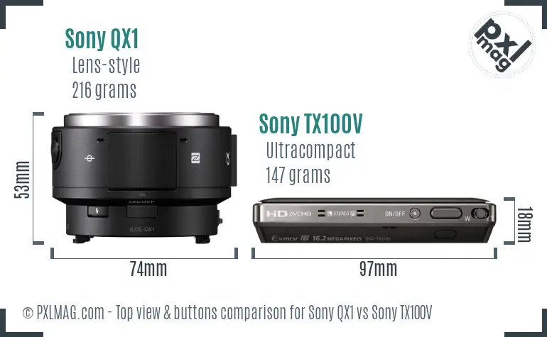 Sony QX1 vs Sony TX100V top view buttons comparison