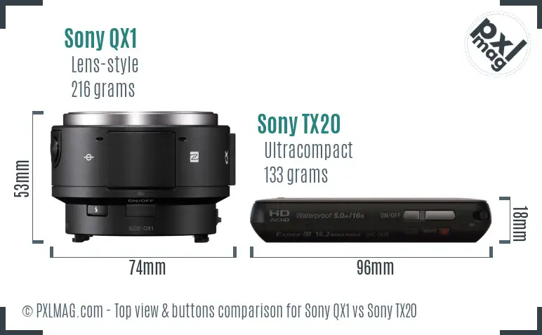 Sony QX1 vs Sony TX20 top view buttons comparison