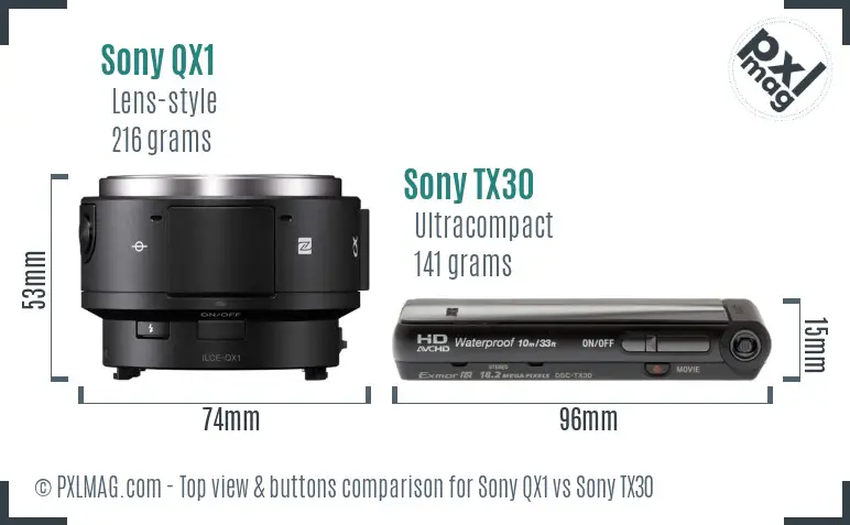 Sony QX1 vs Sony TX30 top view buttons comparison Sony QX1 vs Sony TX30 top view buttons comparison