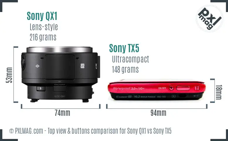 Sony QX1 vs Sony TX5 top view buttons comparison