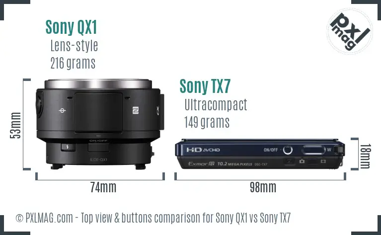 Sony QX1 vs Sony TX7 top view buttons comparison