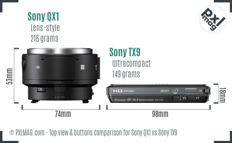 Sony QX1 vs Sony TX9 top view buttons comparison