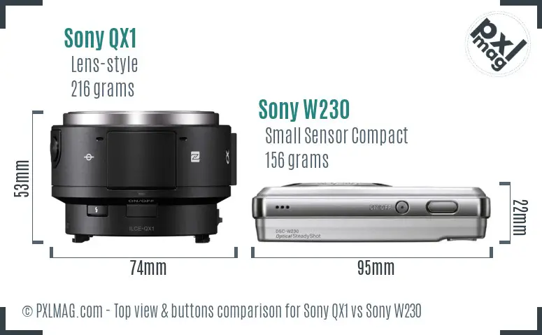 Sony QX1 vs Sony W230 top view buttons comparison