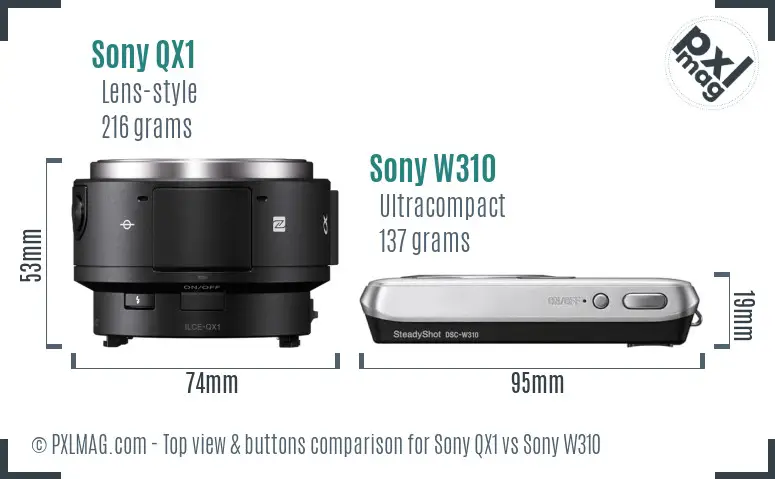 Sony QX1 vs Sony W310 top view buttons comparison