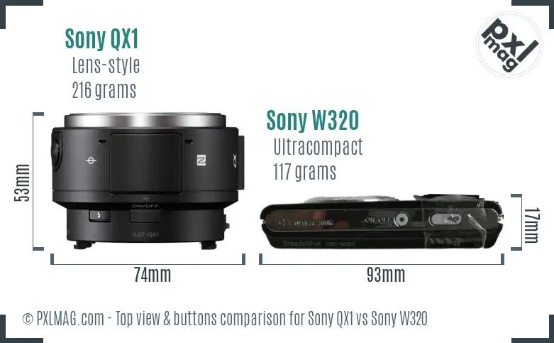 Sony QX1 vs Sony W320 top view buttons comparison