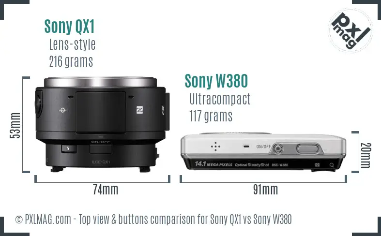 Sony QX1 vs Sony W380 top view buttons comparison