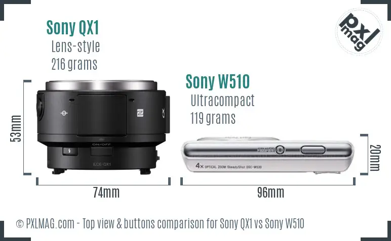 Sony QX1 vs Sony W510 top view buttons comparison