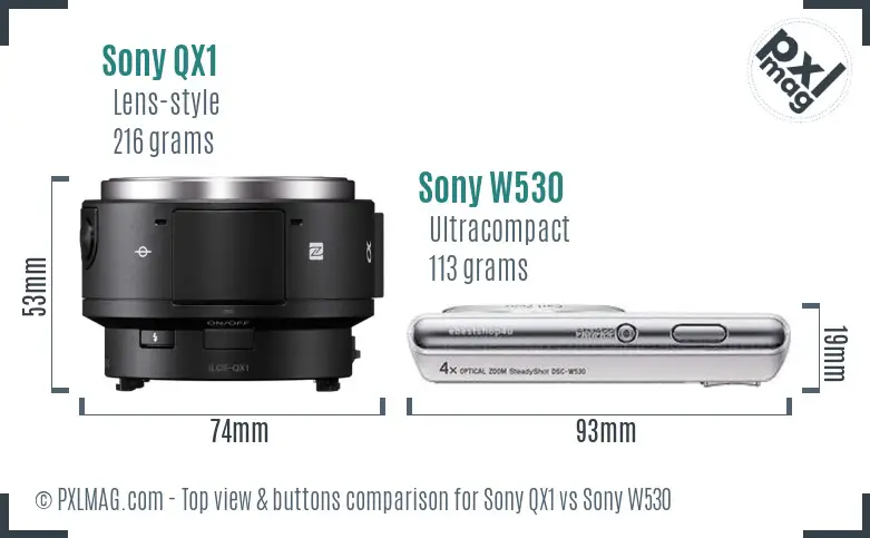 Sony QX1 vs Sony W530 top view buttons comparison