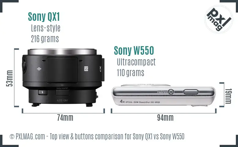 Sony QX1 vs Sony W550 top view buttons comparison