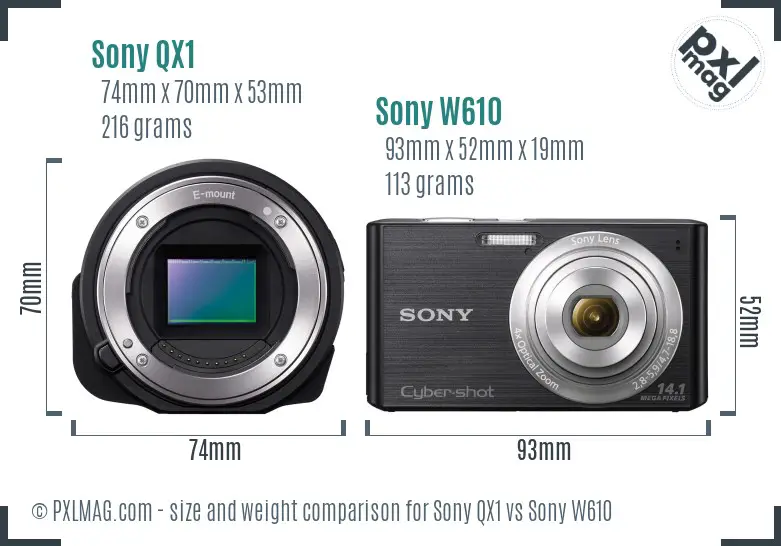 Sony QX1 vs Sony W610 size comparison