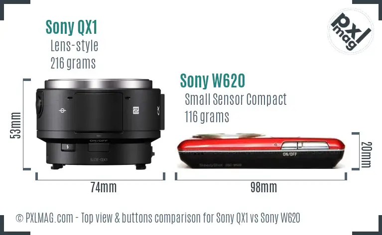 Sony QX1 vs Sony W620 top view buttons comparison