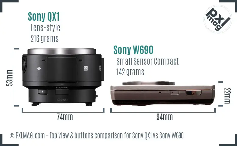 Sony QX1 vs Sony W690 top view buttons comparison