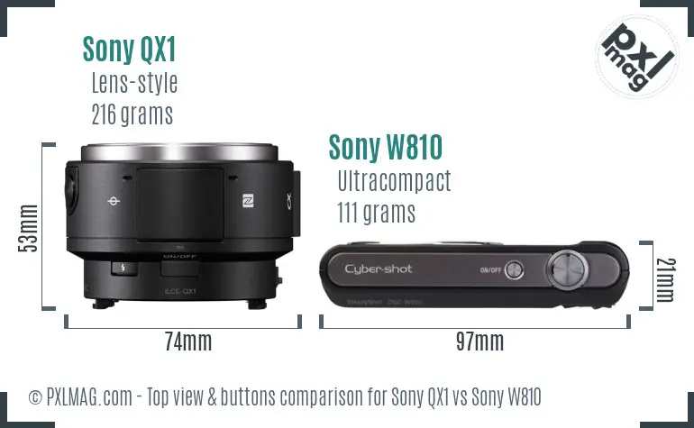 Sony QX1 vs Sony W810 top view buttons comparison