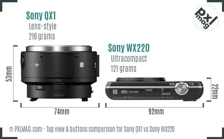 Sony QX1 vs Sony WX220 top view buttons comparison