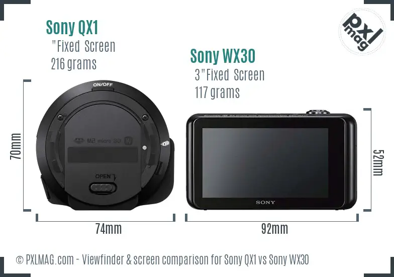 Sony QX1 vs Sony WX30 Screen and Viewfinder comparison