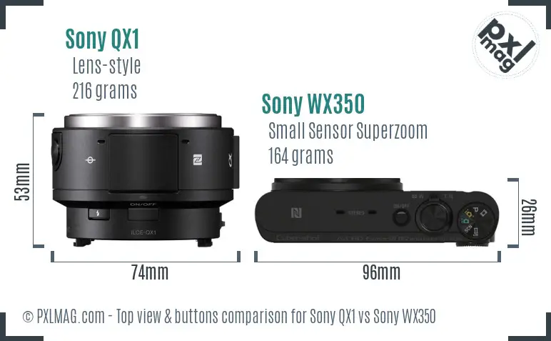 Sony QX1 vs Sony WX350 top view buttons comparison